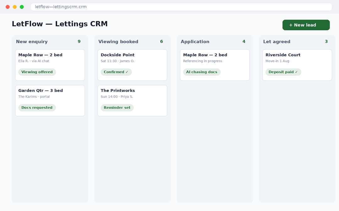 LetFlow — Lettings Pipeline CRM — main screenshot