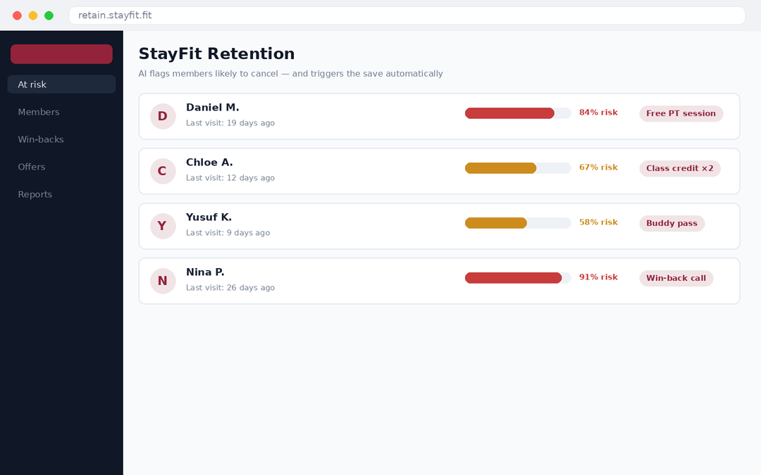 StayFit — Member Retention CRM — main screenshot