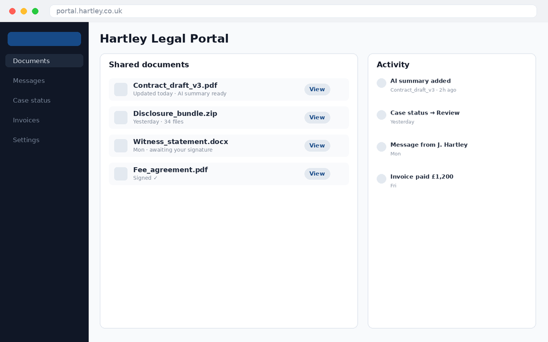 Hartley Legal — Secure Client Portal — main screenshot